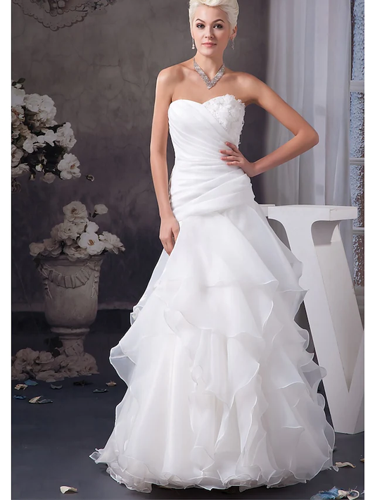 A-Line Wedding Dresses Sweetheart Neckline Floor Length Lace Organza Satin Strapless with Ruched Appliques Cascading
