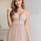 A-Line Plunging Neck Floor Length Tulle Bridesmaid Dress with Appliques Beautiful