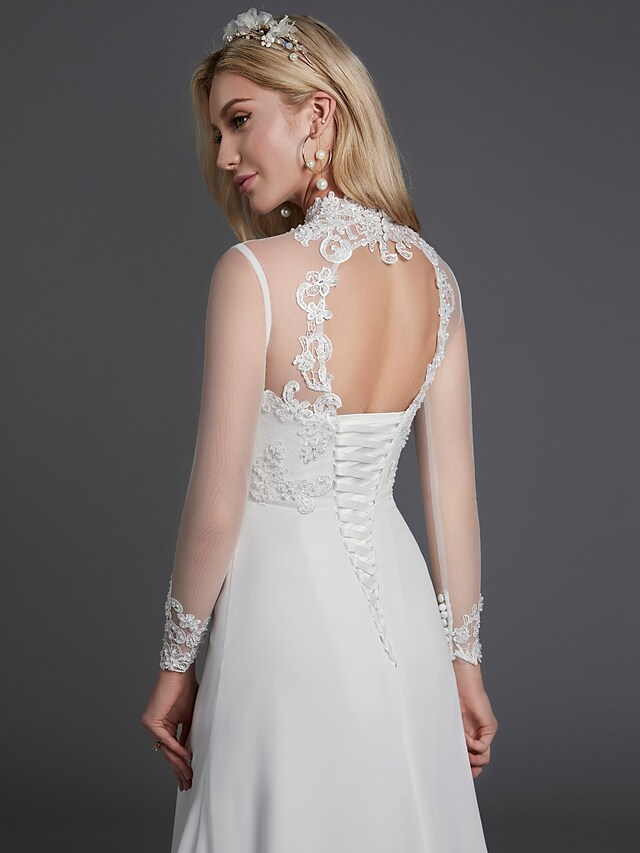 A-Line Wedding Dresses High Neck Court Train Chiffon Lace Long Sleeve Vintage Plus Size Backless with Lace