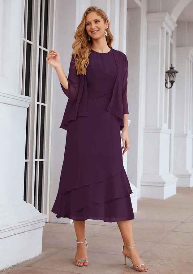 A-line Bateau Tea-Length Chiffon Mother of the Bride Dress With Pleated and Jacket Pure Color