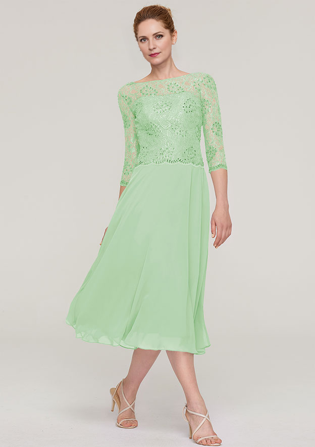 A-linePrincess Bateau 34 Sleeve Tea-Length Chiffon Mother of the Bride Dress With Beading Lace Pure Color