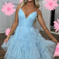 Pink A-Line Deep V Neck Tiered Long Prom Dress With Slit Sexy