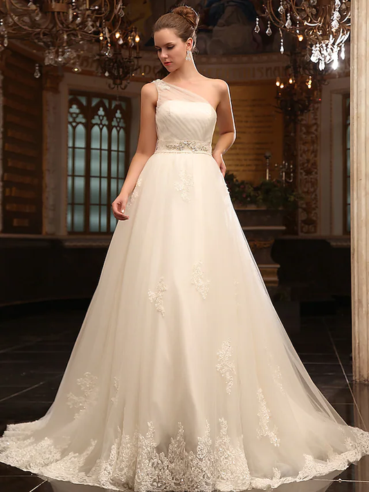 Princess A-Line Wedding Dresses One Shoulder Court Train Satin Tulle Sleeveless Long