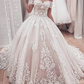 Ball Gown Wedding Dresses Off Shoulder Chapel Train Lace Tulle Short Sleeve Formal Luxurious with Pleats