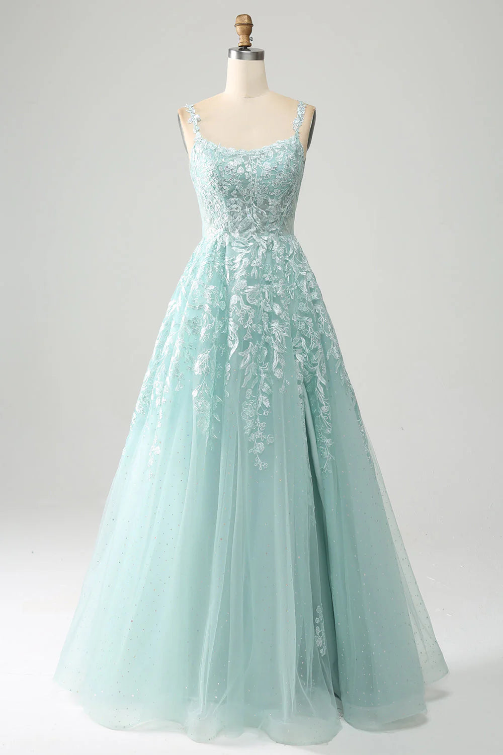 A-Line Tulle Long Prom Dress with Lace Pure Color Beautiful