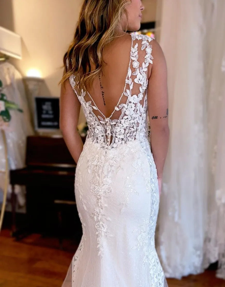 Mermaid V Neck Train Wedding Dress With Appliques Sexy Long