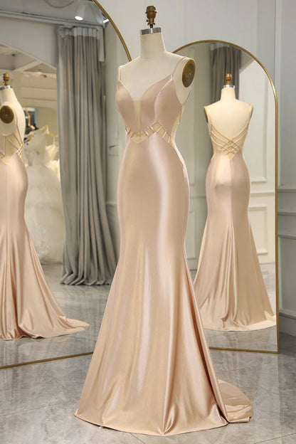 Mermaid Backless Long Prom Dress Pure Color