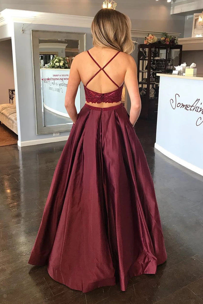 Straps Two Piece Satin & Lace With Beads A Line Prom Dresses Sexy Evening Dresses