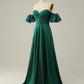 Dark Green A-Line Off The Shoulder Long Glitter Prom Dress