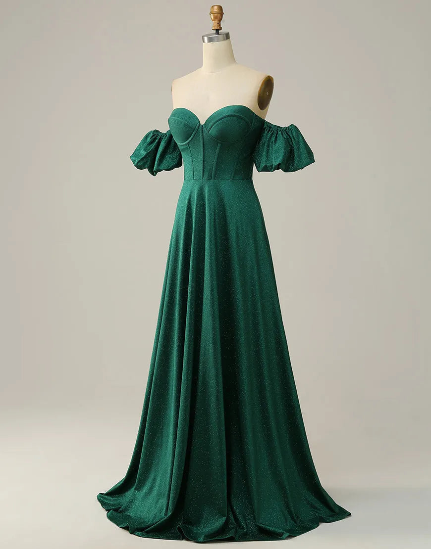 Dark Green A-Line Off The Shoulder Long Glitter Prom Dress