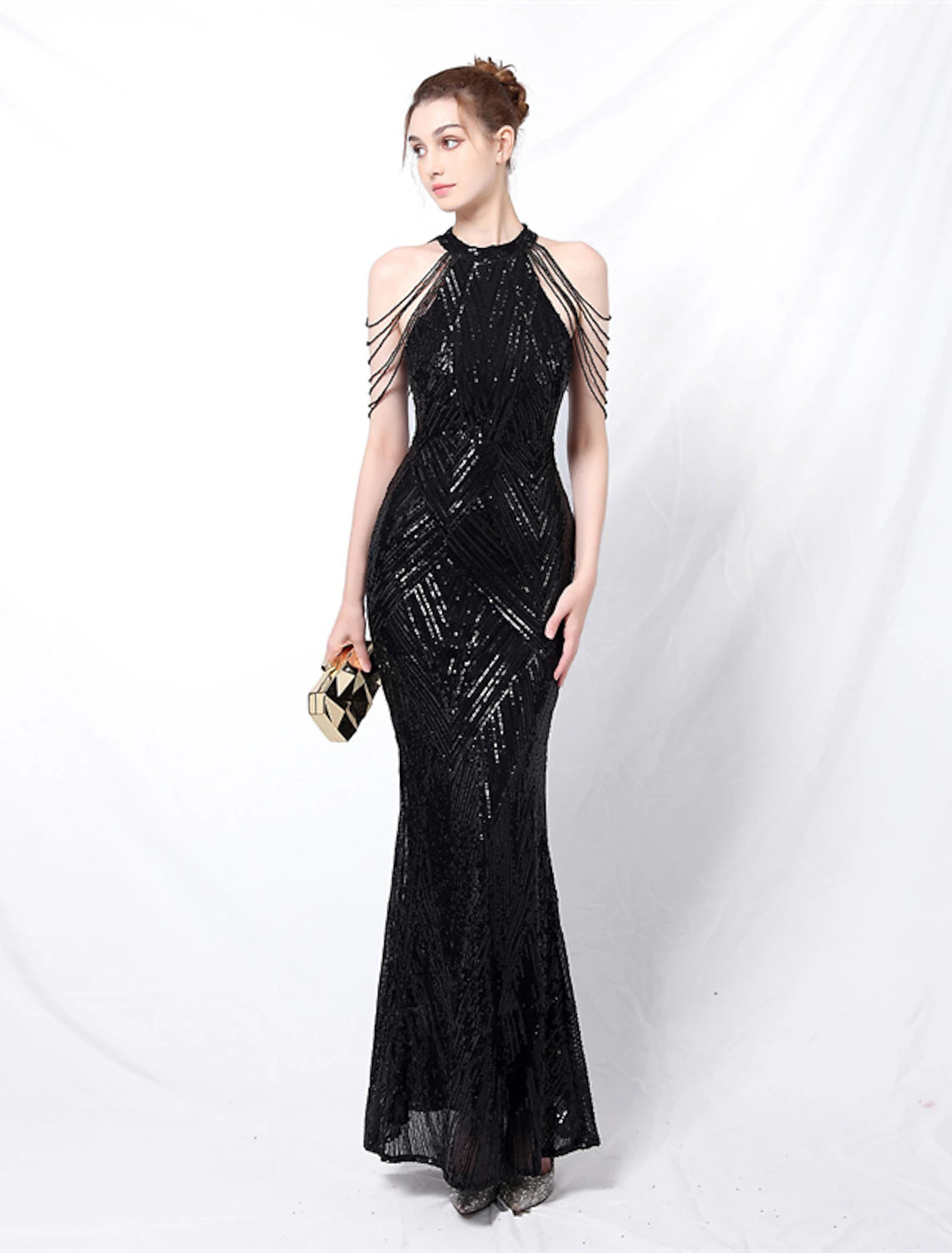 Mermaid / Trumpet Evening Gown Sparkle & Shine Dress Formal Floor Length Short Sleeve High Neck Sequined Backless with Crystals