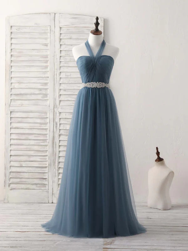 A-Line Gray Blue Tulle Long Bridesmaid Dress Floor-length Beading Prom Dress Elegant