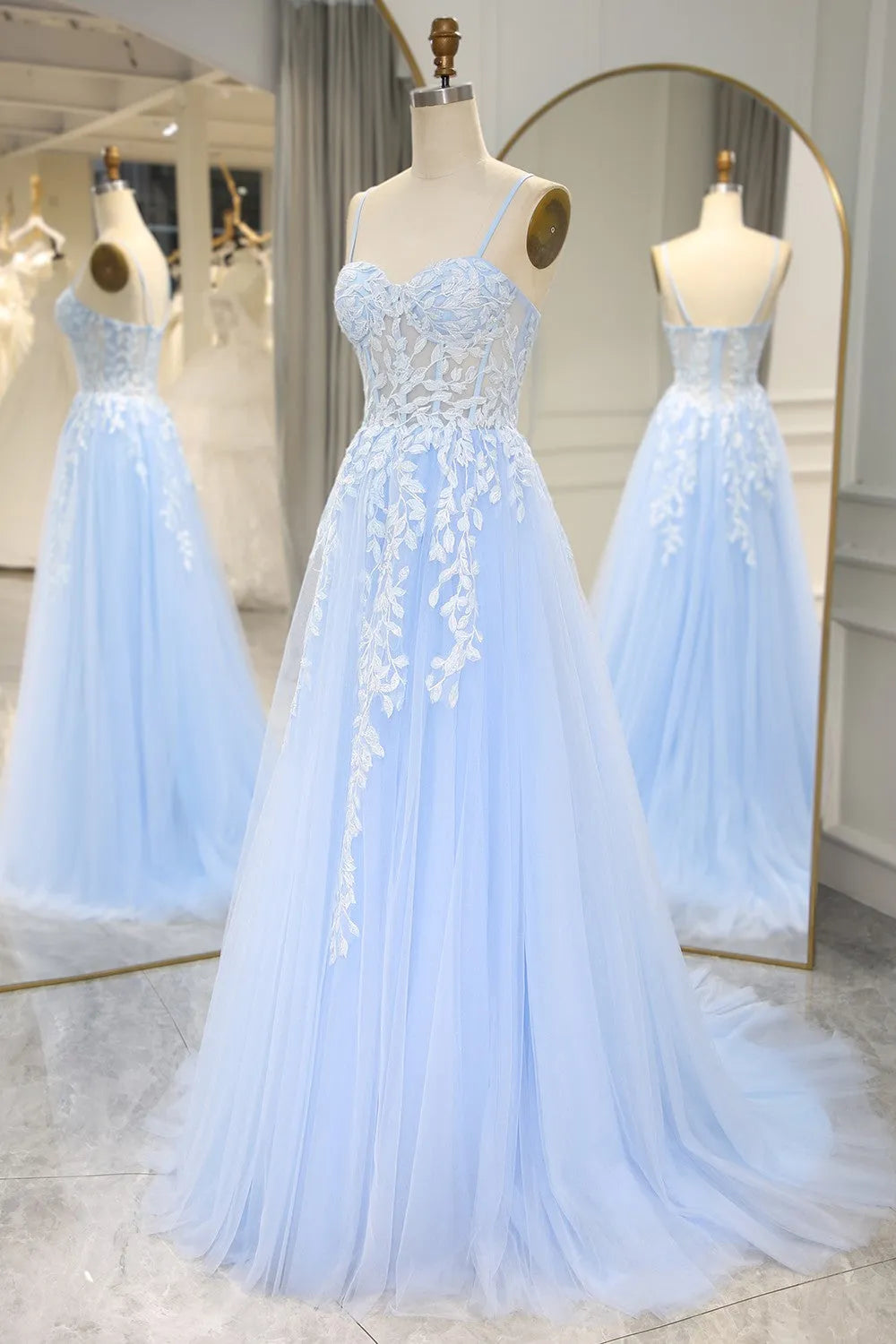 Mermaid Prom Dress With Appliques Spaghetti Straps Long Sky Blue