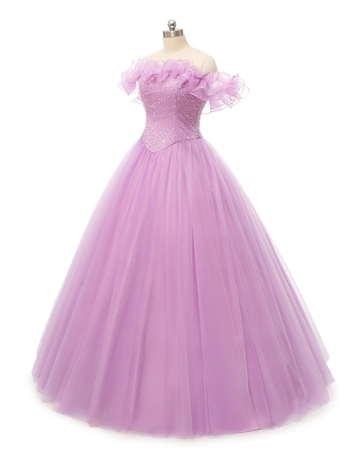 Ball Gown Prom Dresses Puffy Dress Quinceanera Floor Length Sleeveless Off Shoulder Tulle with Pearls