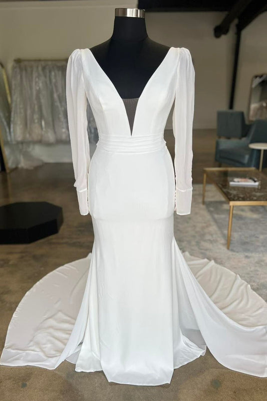 White Plunge V Open Back Long Wedding Dress with Long Sleeves Sexy