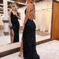 Sequin Open Back Long Glitter Prom Dress With Split V-neck Sparkly