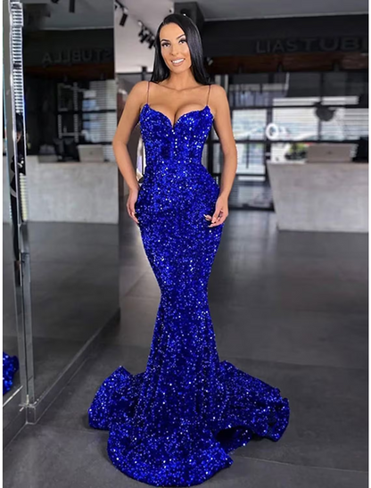 Mermaid / Trumpet Prom Dresses Maxi Dress Masquerade Sweep / Brush Train Sleeveless Spaghetti Strap Sequined Backless