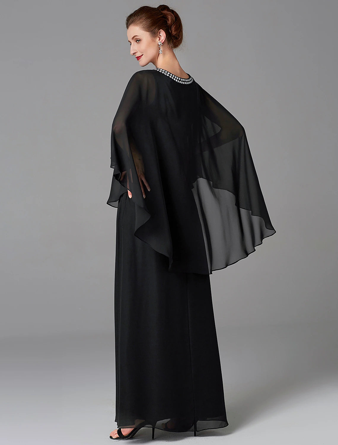 A-Line Mother of the Bride Dress Wedding Guest Elegant Cape Dress Plus Size Jewel Neck Floor Length Chiffon Sleeveless