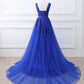 Light Grey Long Party Dress New Prom Dress A Line Sleeveless Royal Blue Evening Dress with Appliques