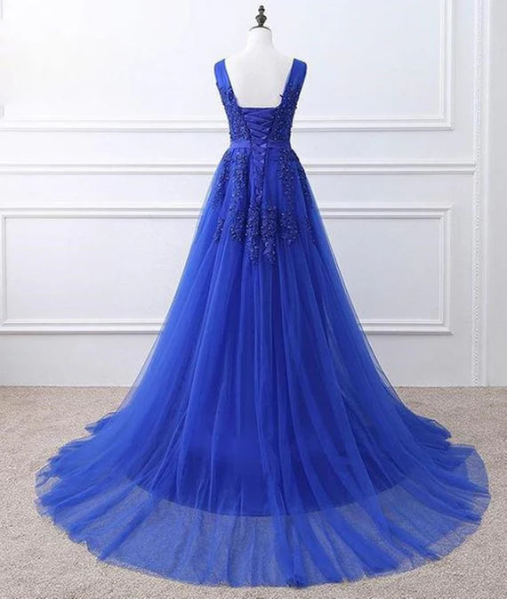 Light Grey Long Party Dress New Prom Dress A Line Sleeveless Royal Blue Evening Dress with Appliques