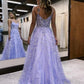 A-Line Spaghetti Straps Prom Dress With Appliques V-neck Long