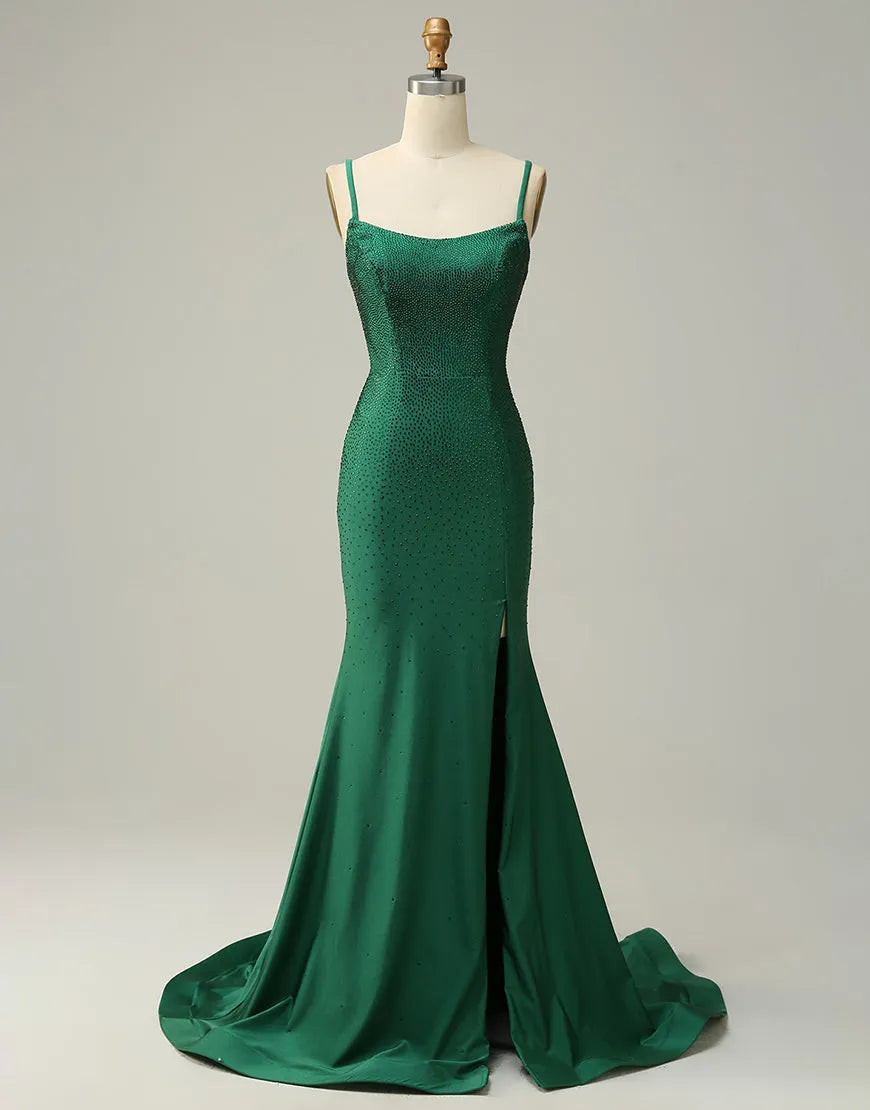 Dark Green Spaghetti Straps Corset back Prom Dress With Split