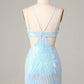 Bodycon Spaghetti Straps Blue Sequins Short Homecoming Dress Sexy