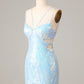 Bodycon Spaghetti Straps Blue Sequins Short Homecoming Dress Sexy