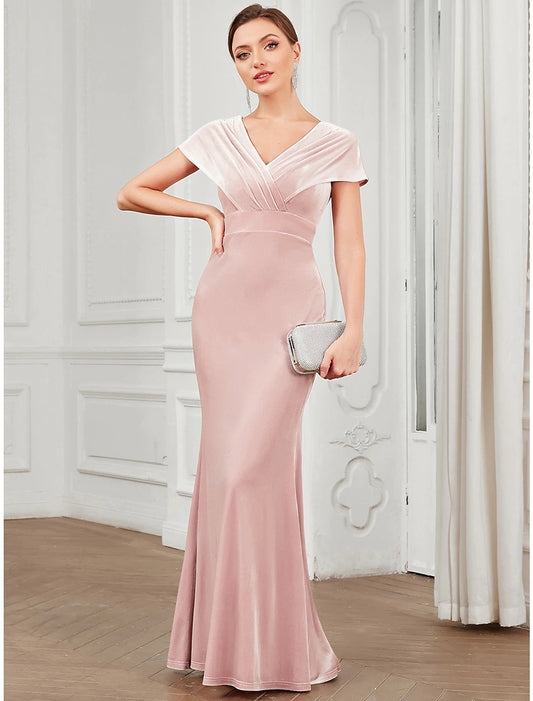 Mermaid / Trumpet Evening Gown Vintage Dress Christmas Floor Length Short Sleeve V Neck Velvet V Back