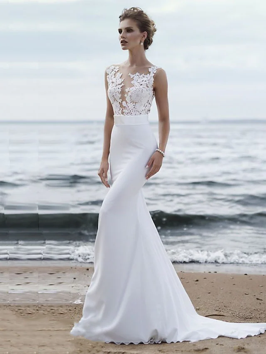 Wedding Dresses Jewel Neck Chapel Train Chiffon Lace Regular Straps Mordern See-Through with Sashes Ribbons