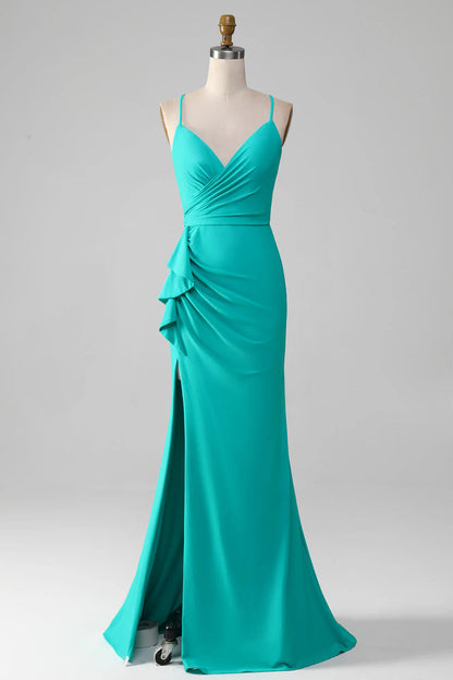 Mermaid Pleated Prom Dress Spaghetti Straps Open Back Pure Color Sexy