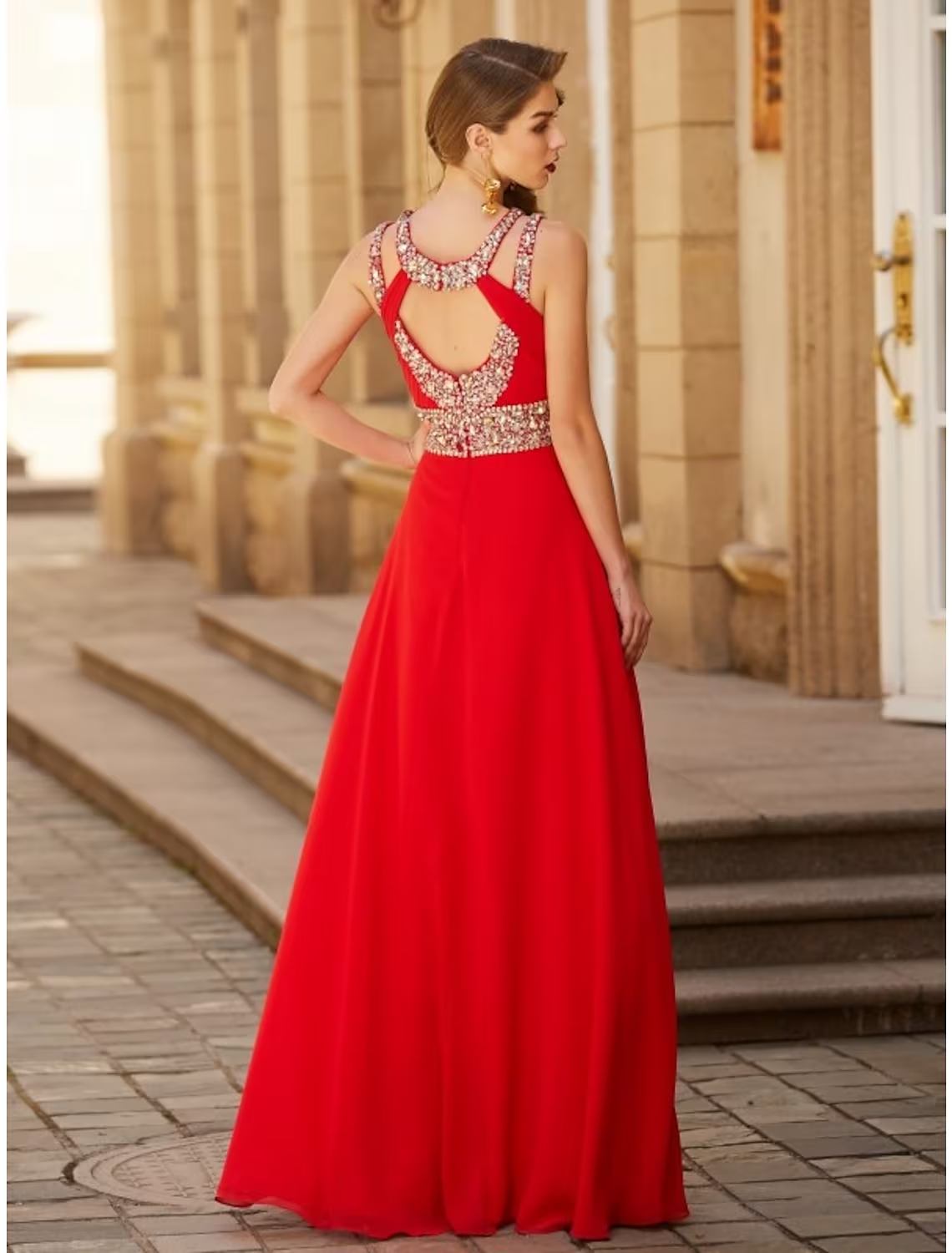 A-Line Evening Gown Sparkle & Shine Dress Party Wear Floor Length Sleeveless Halter Chiffon