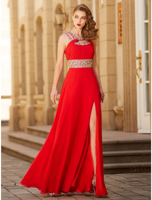 A-Line Evening Gown Sparkle & Shine Dress Party Wear Floor Length Sleeveless Halter Chiffon