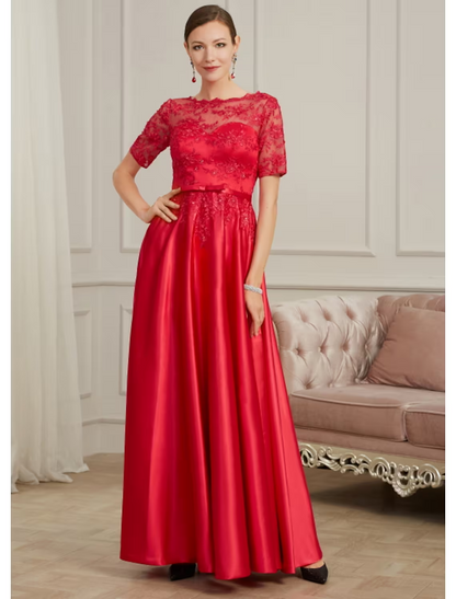 A-Line Evening Gown Elegant Dress Wedding Guest Floor Length Short Sleeve Jewel Neck Polyester with Pleats Beading