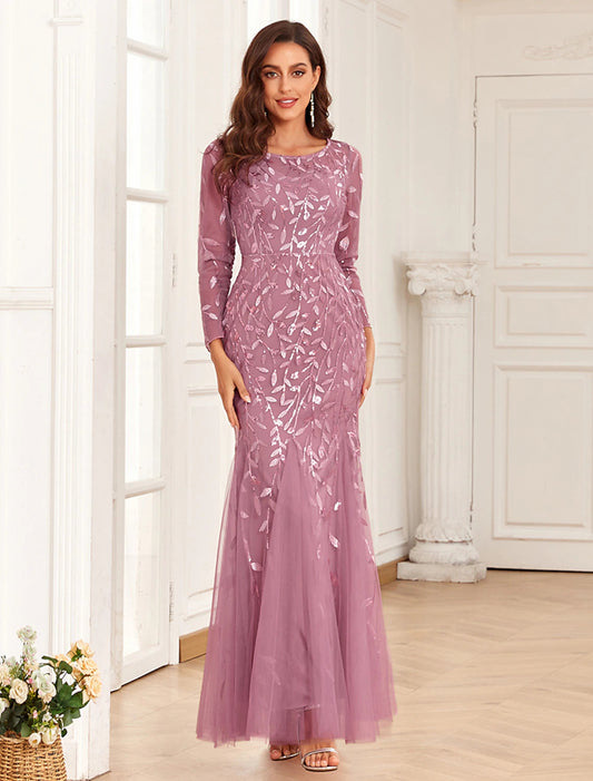 Mermaid / Trumpet Evening Gown Elegant Dress Prom Floor Length Long Sleeve Jewel Neck Tulle