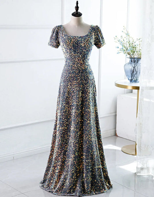 A-Line Square Long Evening Dress Short Sleeved Sparkly Sexy