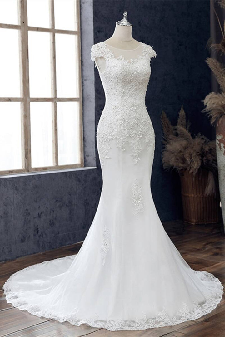 White Lace Beaded Cap Sleeve Trumpet Wedding Dress Beautiful