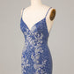 Sheath Spaghetti Straps Dark Blue Short Homecoming Dress With Embroidery V-neck