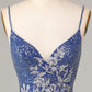 Sheath Spaghetti Straps Dark Blue Short Homecoming Dress With Embroidery V-neck
