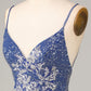 Sheath Spaghetti Straps Dark Blue Short Homecoming Dress With Embroidery V-neck