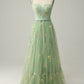 A-Line Square Neck Embroidered Prom Dress Floor Length With Flowers