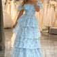 Light Blue Floral Print A-Line Off The Shoulder Tiered Prom Dress Floor Length Beautiful