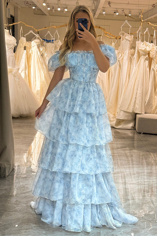 Light Blue Floral Print A-Line Off The Shoulder Tiered Prom Dress Floor Length Beautiful