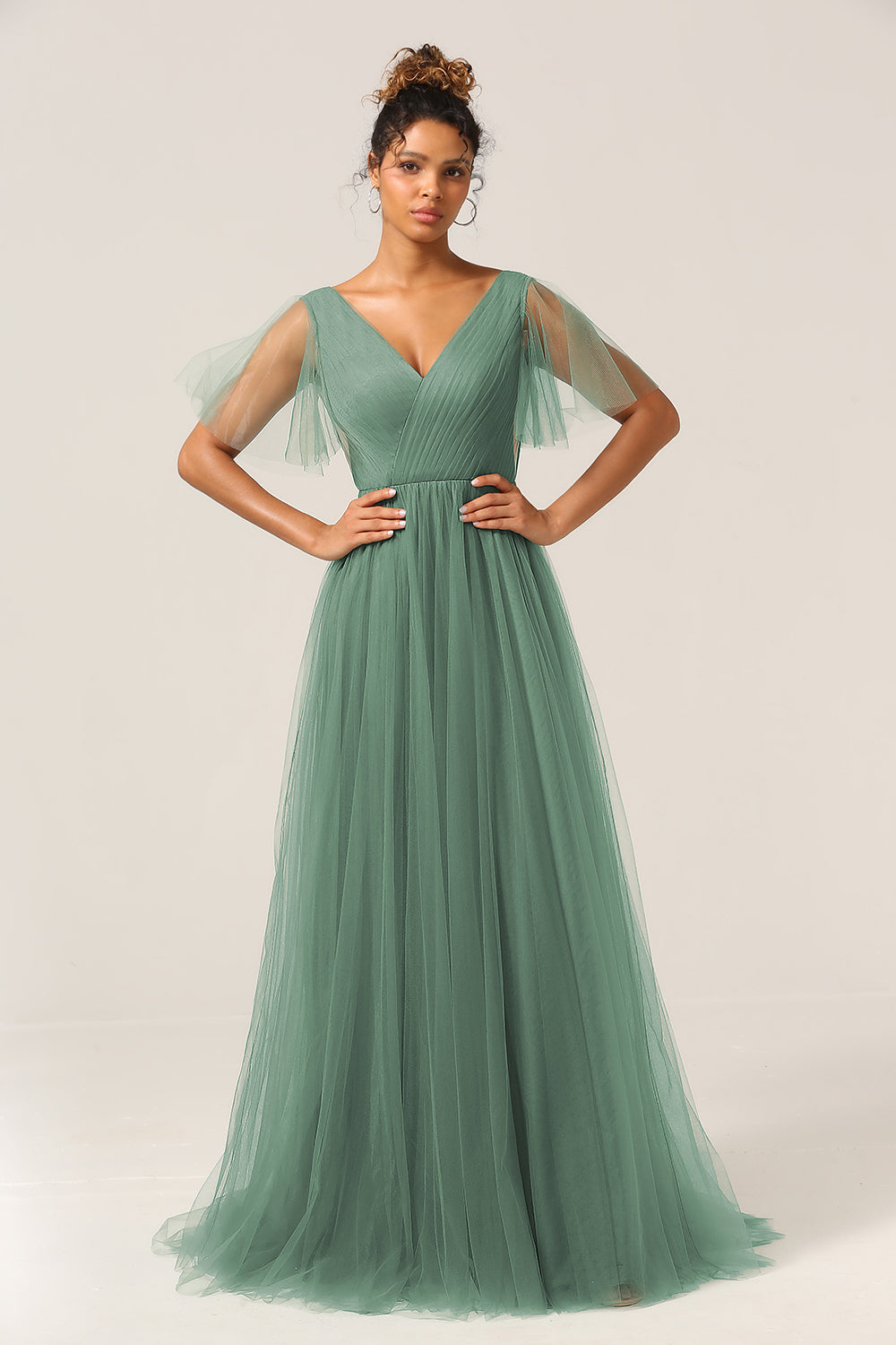 Eucalyptus A Line V Neck Floor Length Tulle Bridesmaid Dress Sexy Party Dresses