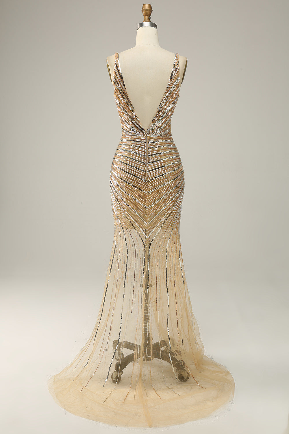 Sparkly Golden Backless Beaded Long Prom Dress with Slit Sexy Evening Dresses