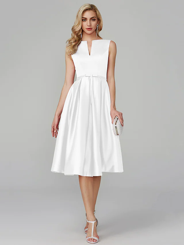 A-Line Minimalist Elegant Cocktail Party Prom Valentine's Day Dress V Wire Sleeveless Knee Length Satin with Sash