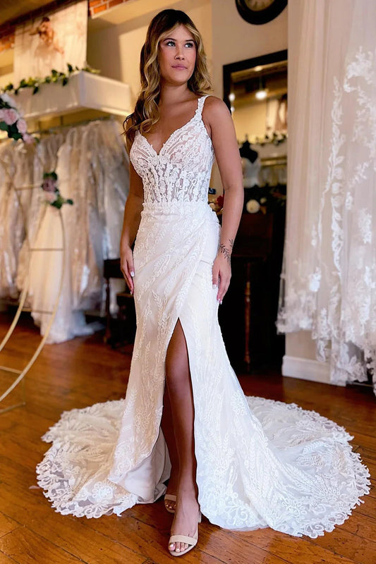 Sheath Long Lace V-Neck Wedding Dress with Slit Sexy