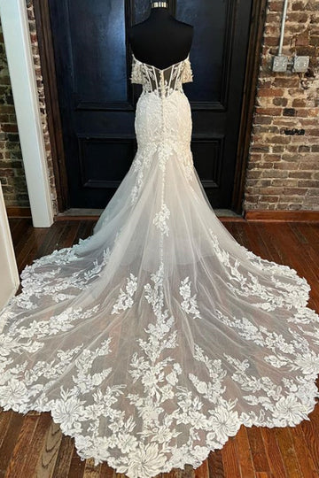 Beige Appliques Off-the-Shoulder Trumpet Long Wedding Dress Beautiful