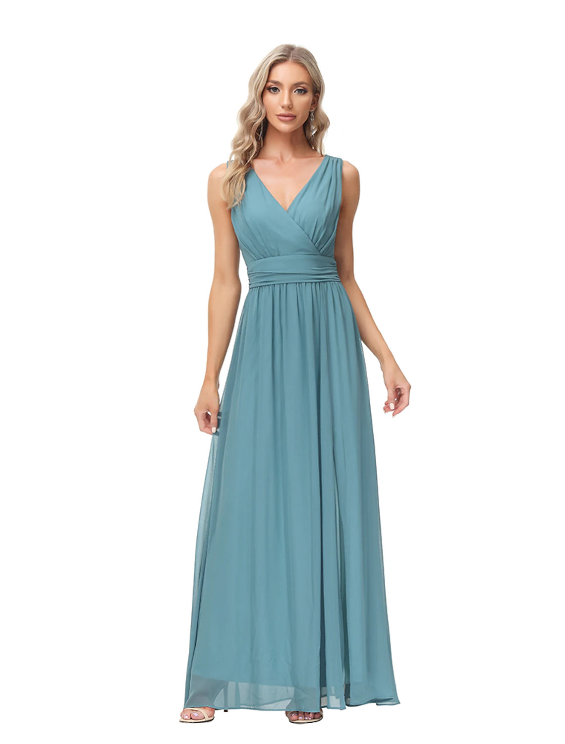 A-Line Evening Gown Empire Dress Party Wear Floor Length Sleeveless V Neck Chiffon V Back