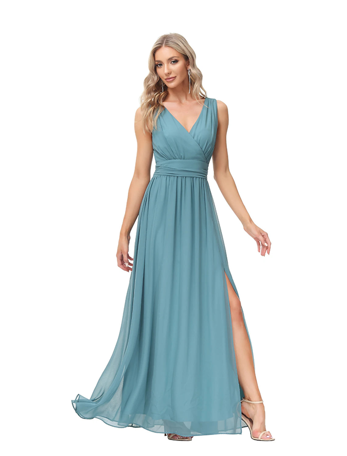 A-Line Evening Gown Empire Dress Party Wear Floor Length Sleeveless V Neck Chiffon V Back